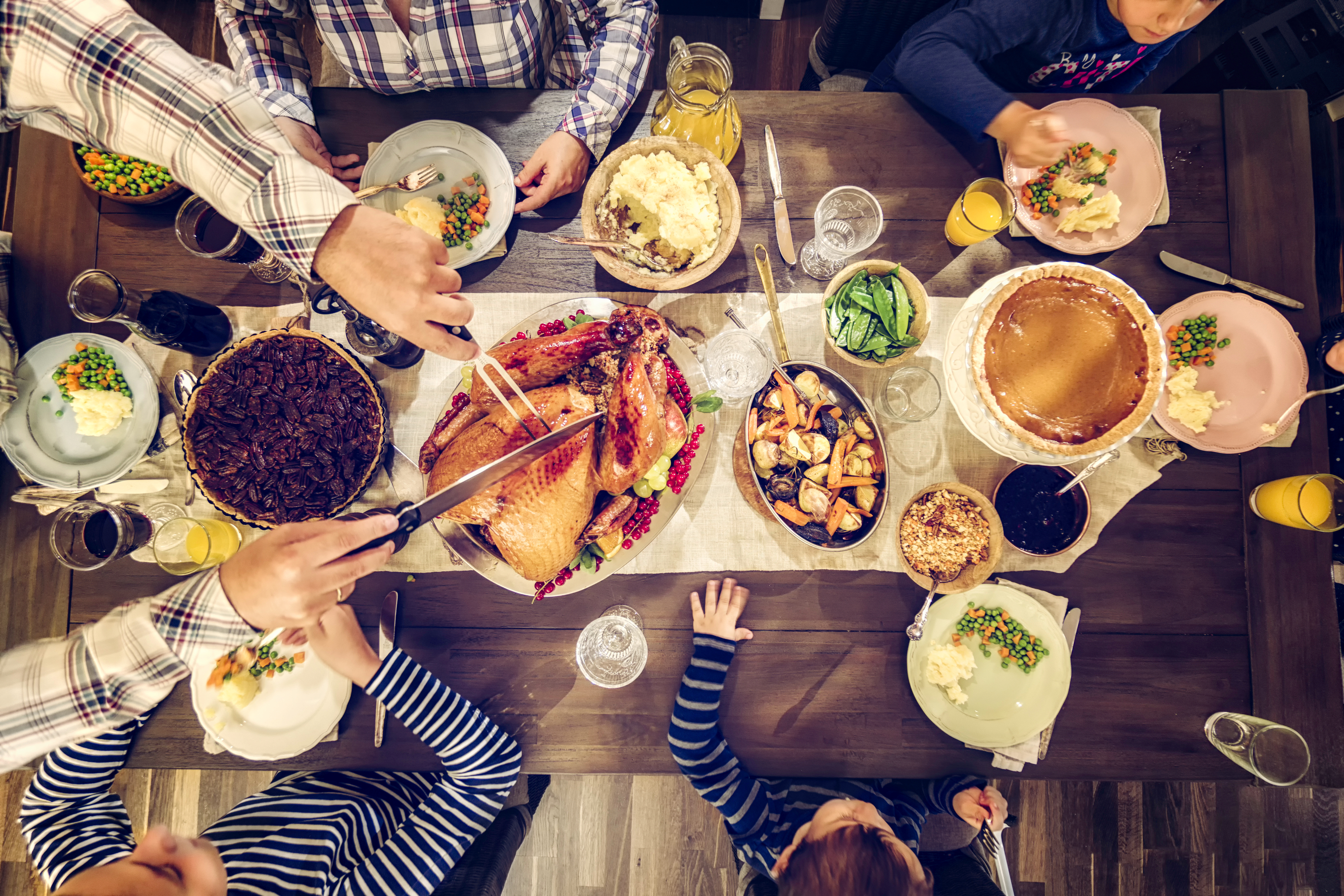 Family holiday dinner with turkey and sides.